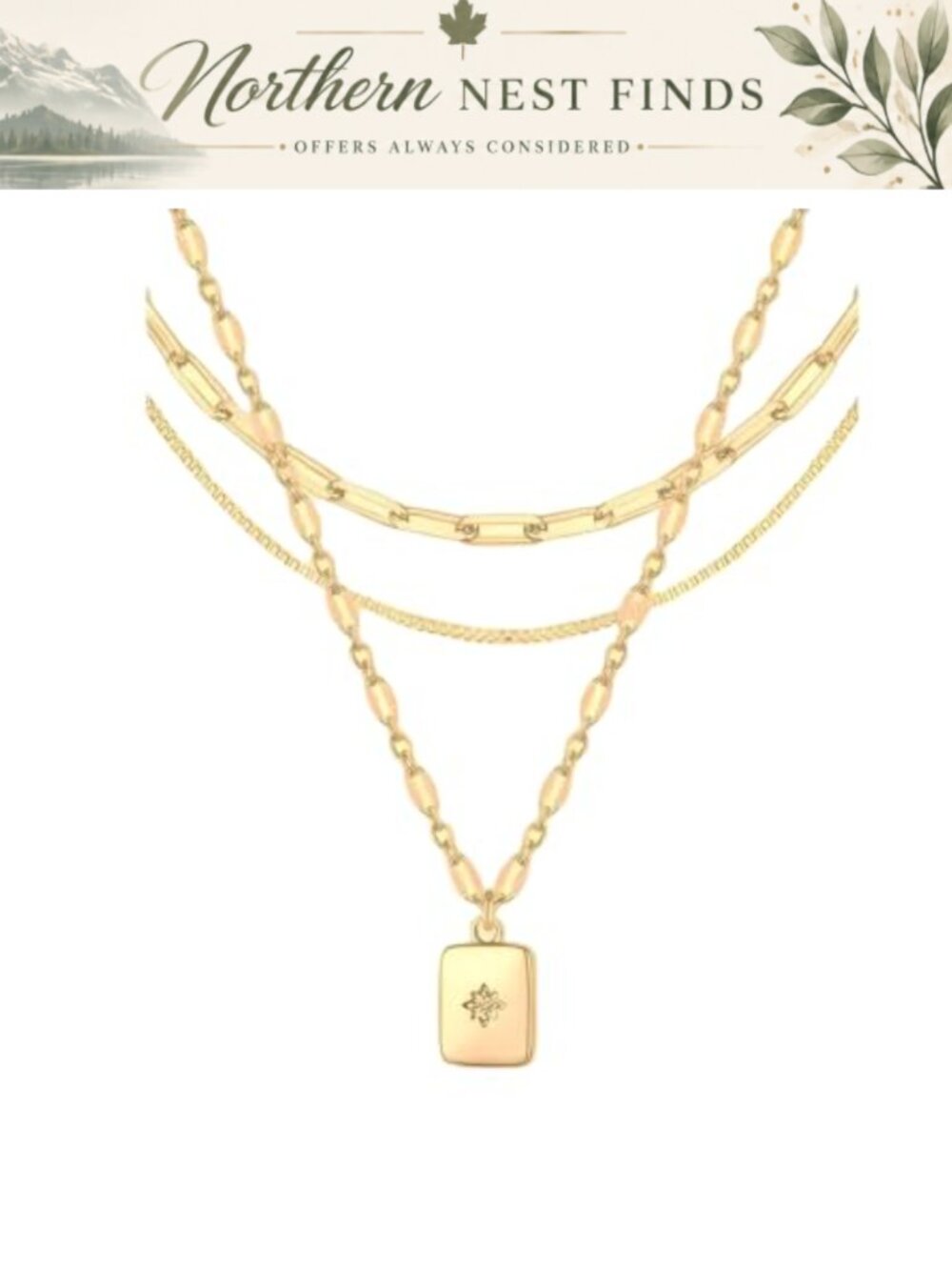 14K Gold Plated Layered Necklace Set 3Pc Paperclip Box Chain Women